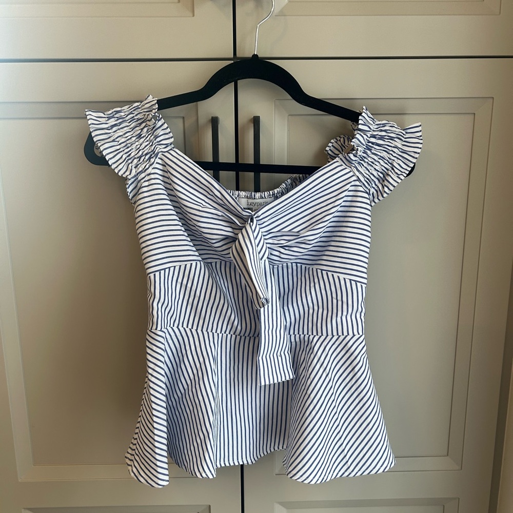 Off the shoulder white and blue striped top
